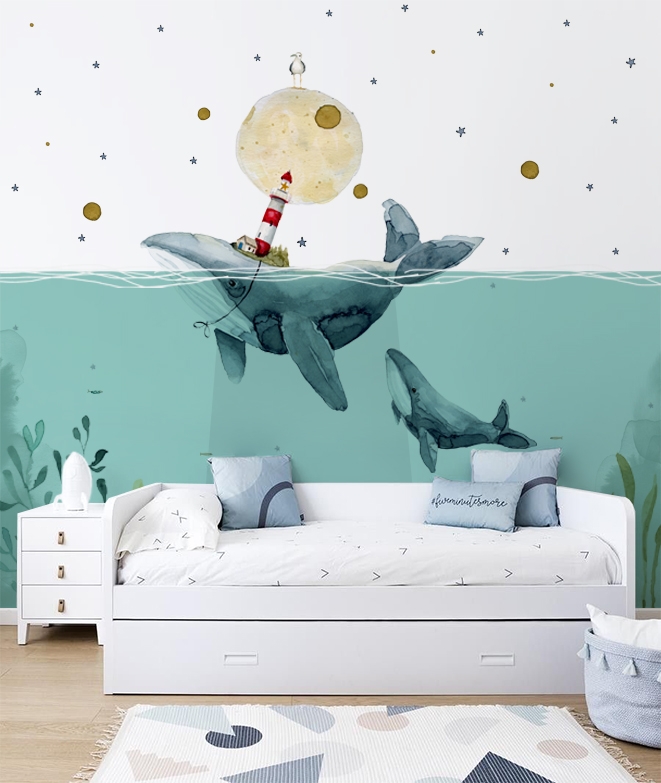  MRQXDP Papel pintado de cartón para dormitorio de niños de  ballena 3D para fondo de TV, decoración de pared, mural texturizado HD  impreso foto papel de pared Rollos de papel de