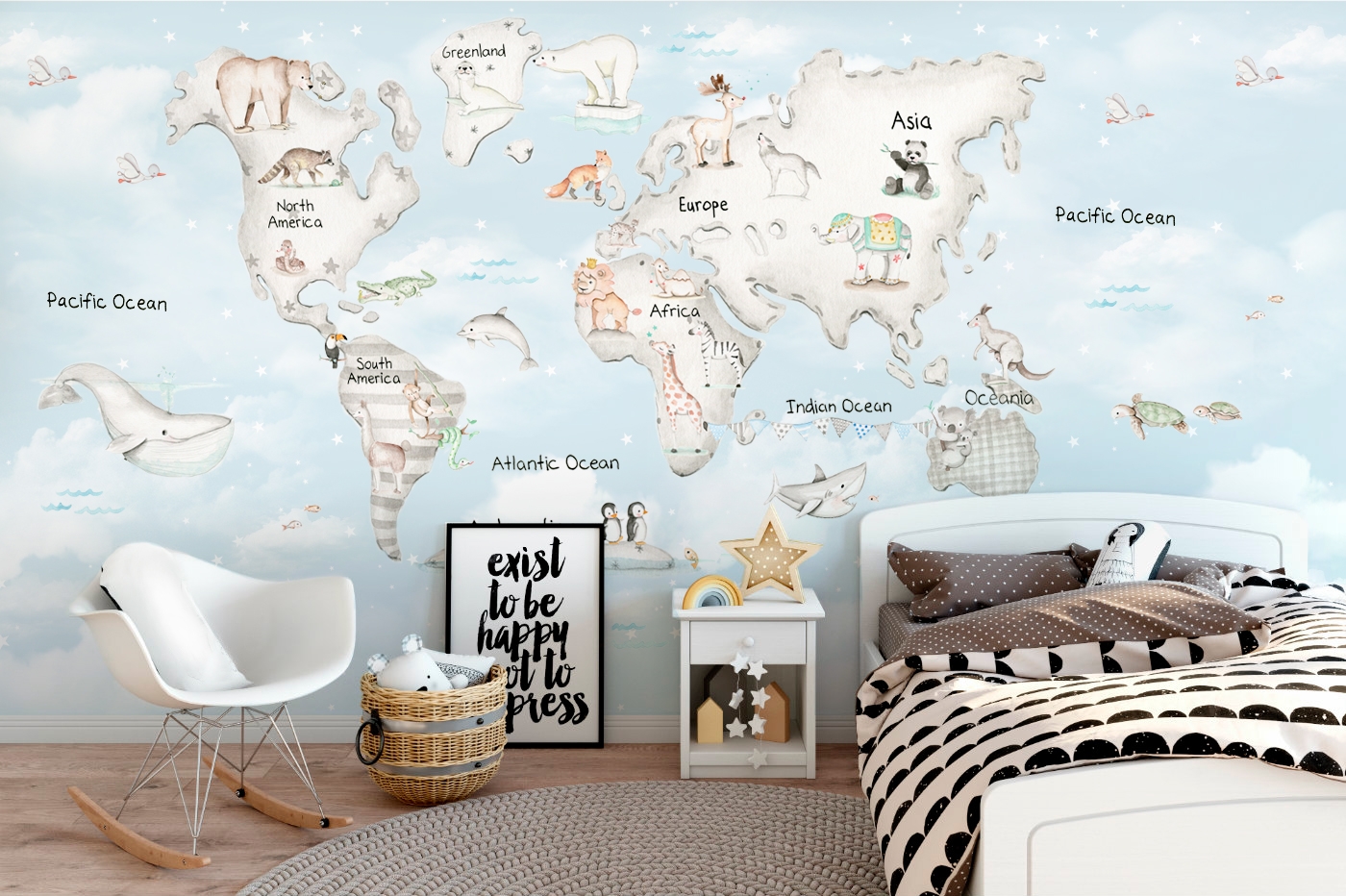 Murale personalizzato per bambini Mappa mondo grigio - Il Mondo