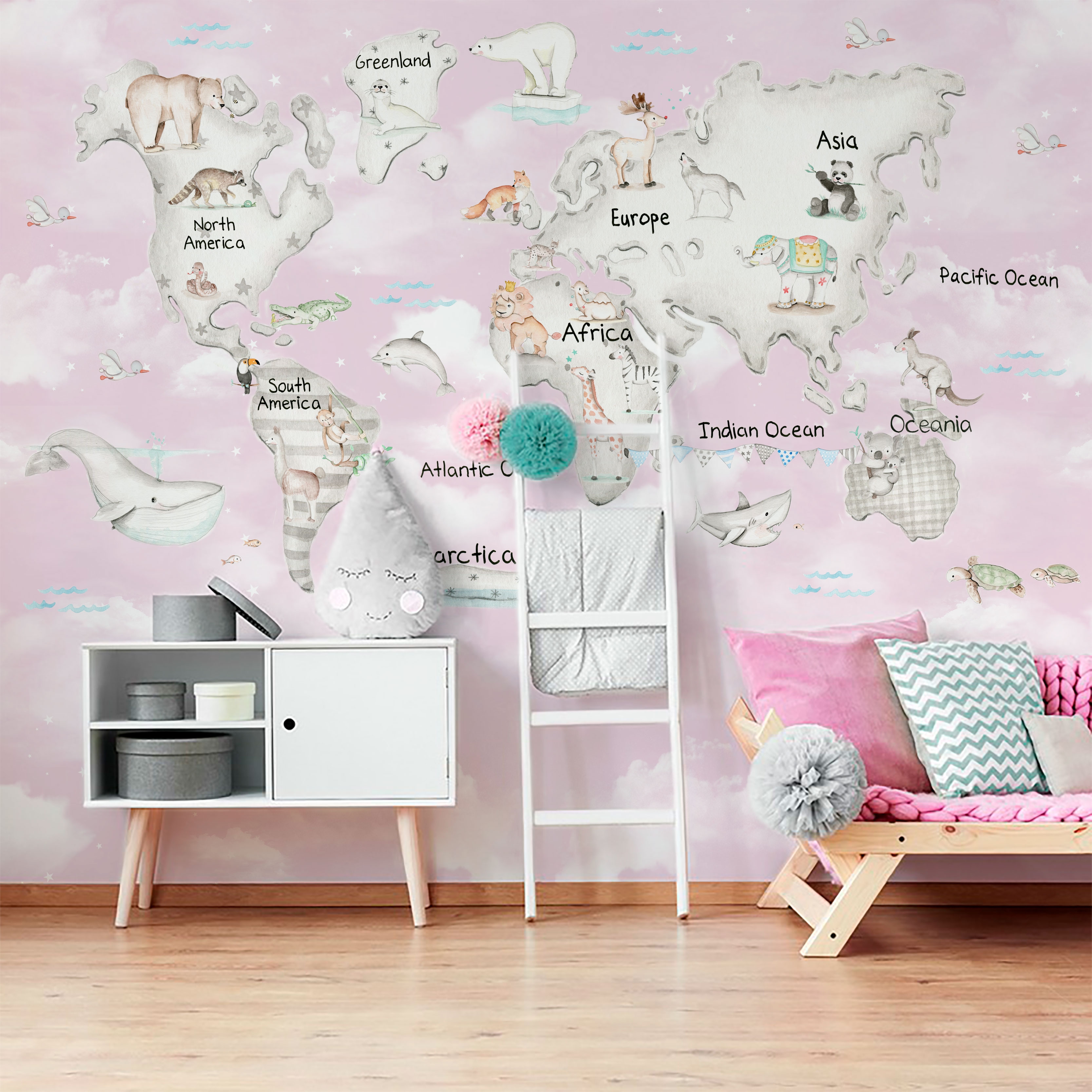 Mural papel pintado infantil Mapa Mundi Gris F.Azul  Kids room wallpaper,  World map wallpaper, Kids world map