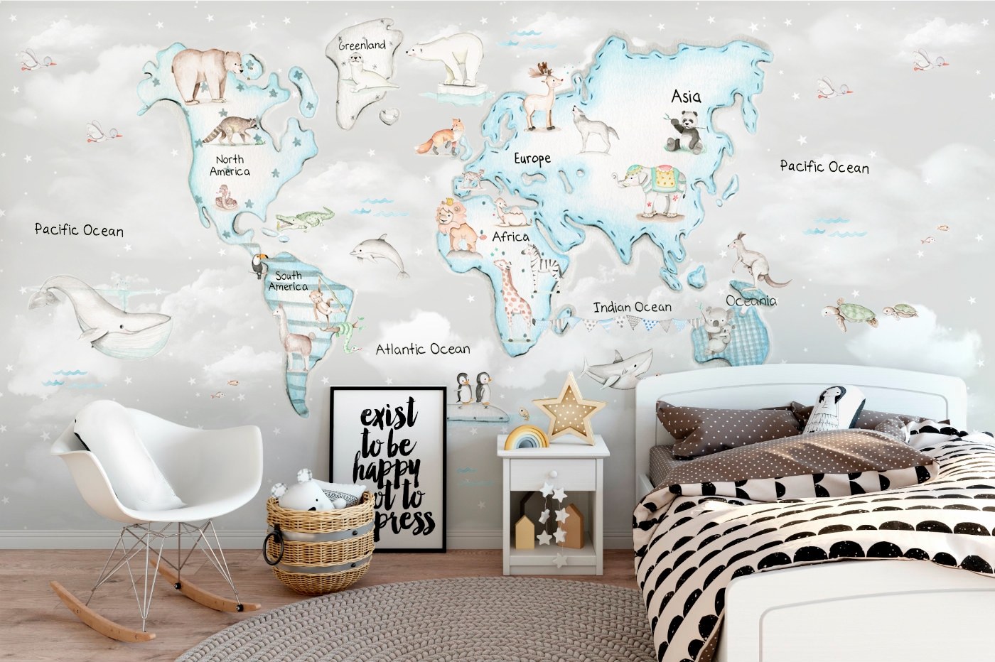 Murale personalizzato per bambini Mappa mondo blu - Il Mondo di Alex