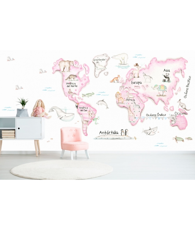 Mural papel pintado infantil Mapa Mundi Travel Gris - Il Mondo di Alex