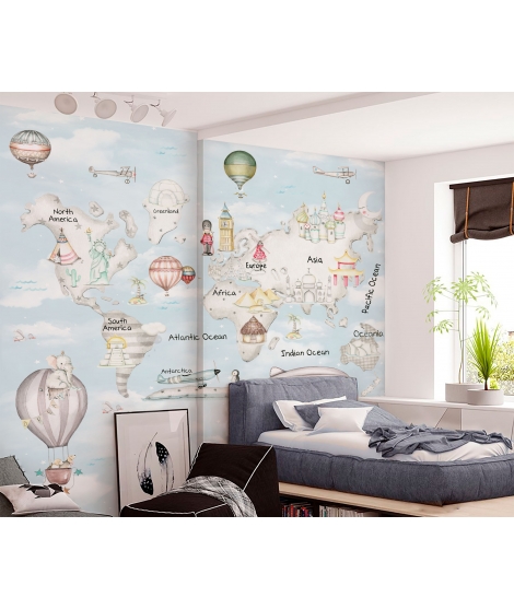 WORLD MAP TRAVEL GREY Blue Background Wallpaper Murals
