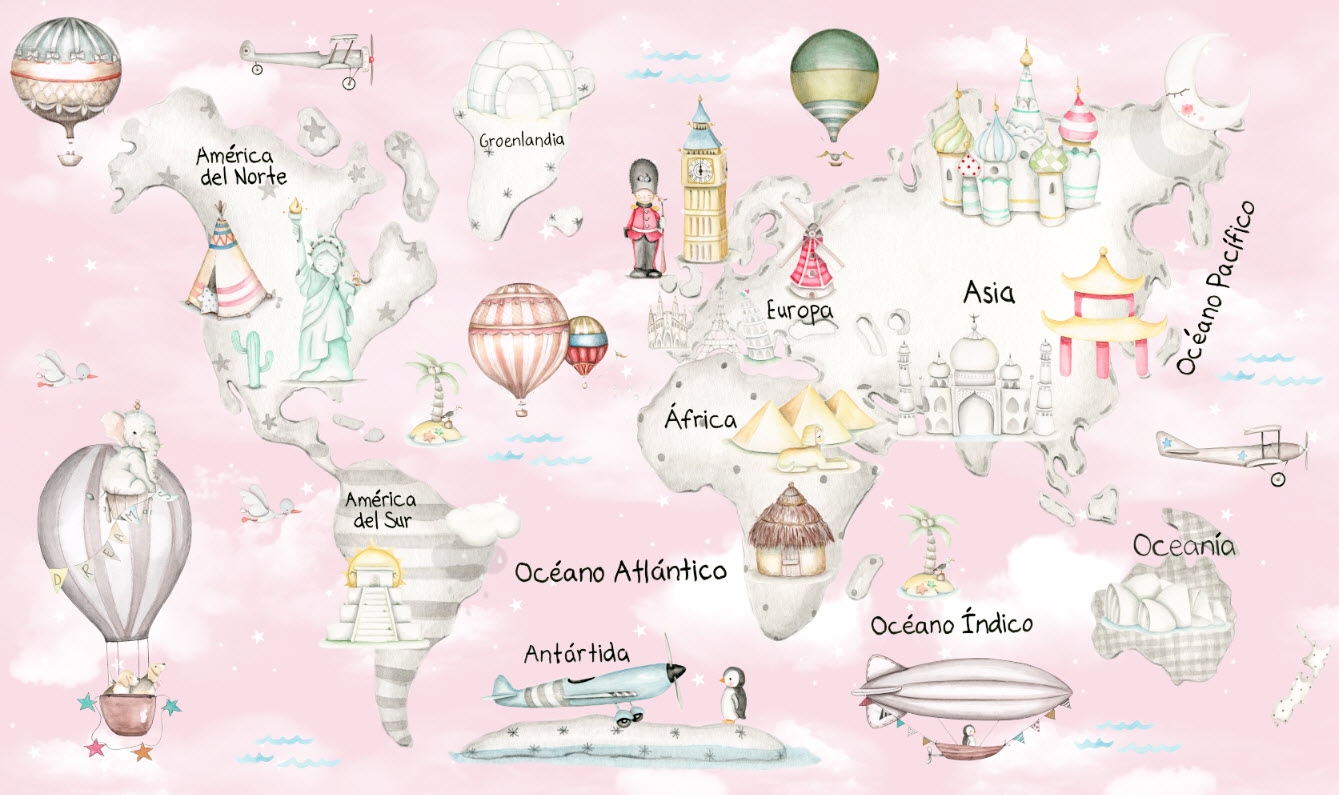 Mural papel pintado infantil Mapa Mundi Travel Gris