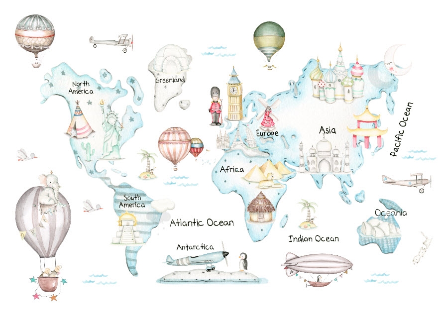 Mural personalizzato Mappa mondo travel grigio - Il Mondo di Alex