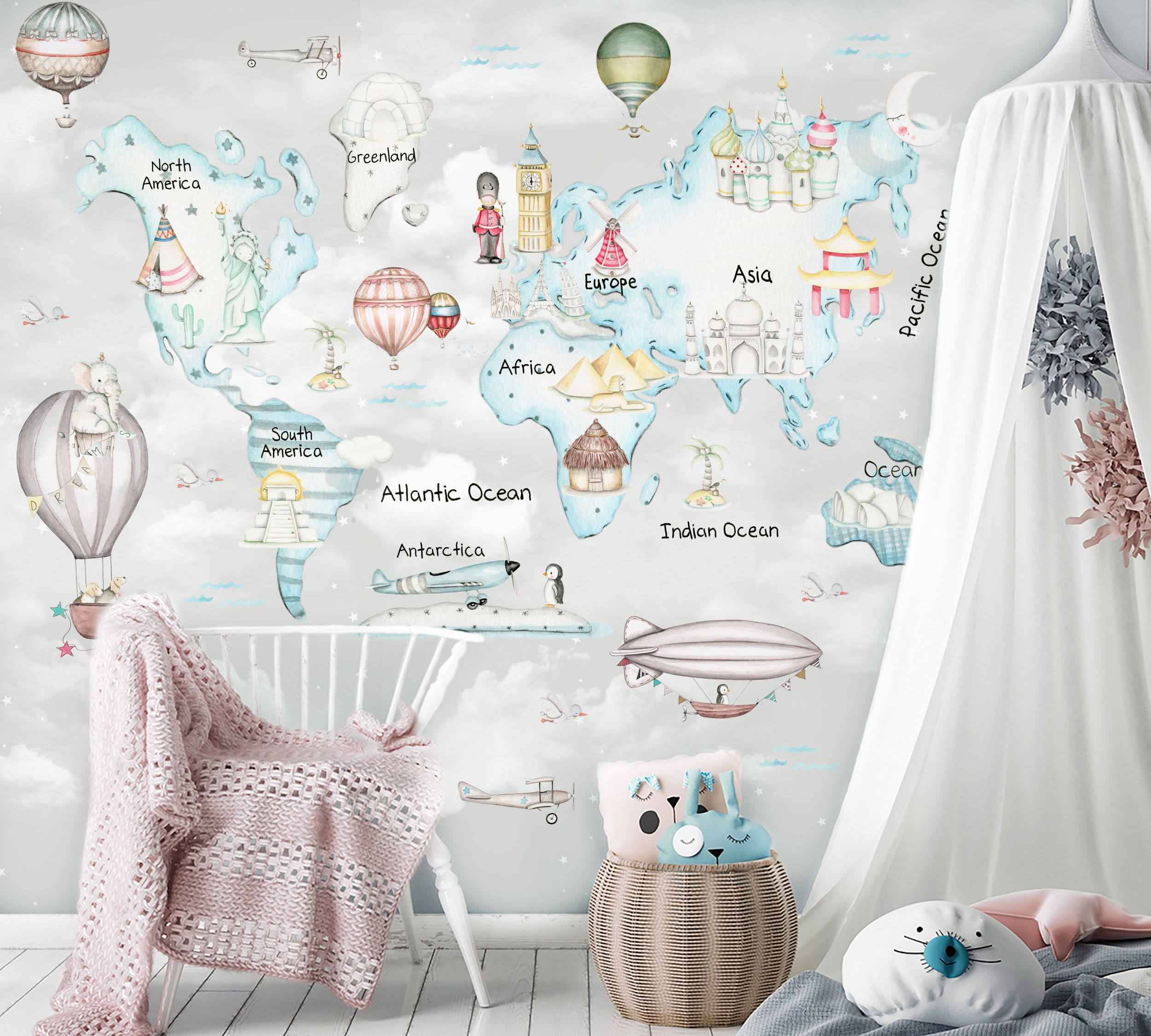 Mural papel pintado infantil Mapa Mundi Gris F.Azul  Kids room wallpaper,  World map wallpaper, Kids world map